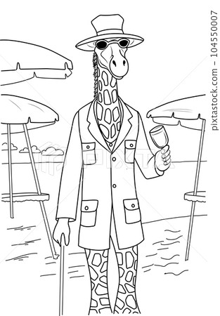 Coloring giraffe on the beach. Coloring page cool trendy giraffe in a hat and sunglasses drinking a cocktail on the beach 104550007