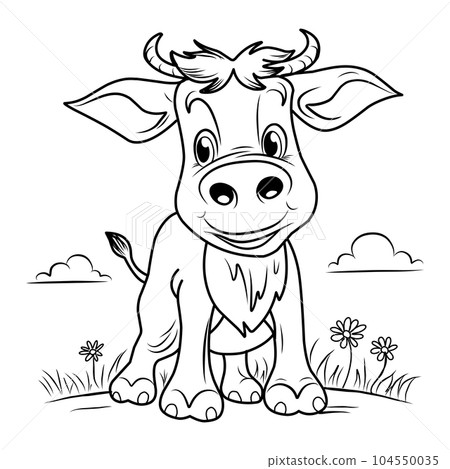 COLORING PAGE of a cow. calf cute funny character linear illustration childrens for coloring.Cow farm. COLORING PAGE of a cow. calf cute funny character linear illustration childrens for coloring.Cow farm. 104550035