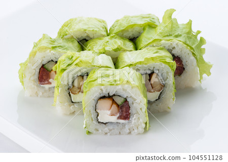Japanese food restaurant, sushi maki gunkan roll plate or platter set. Sushi set and composition 104551128