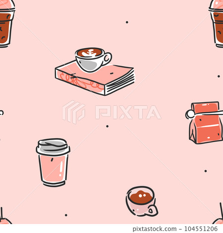 Hand drawn doodle coffee tools seamless pattern.Trending vector doodle illustrations for coffee shop and restaurant menu.Hand drawn coffee shop design concept and coffee break icons.Menu line art. 104551206