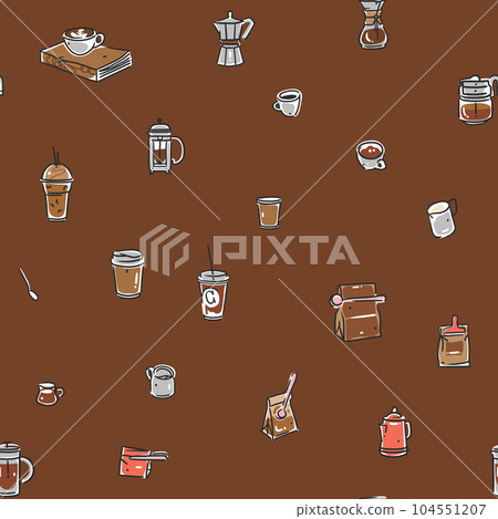 Hand drawn doodle coffee tools seamless pattern.Trending vector doodle illustrations for coffee shop and restaurant menu.Hand drawn coffee shop design concept and coffee break icons.Menu line art. 104551207