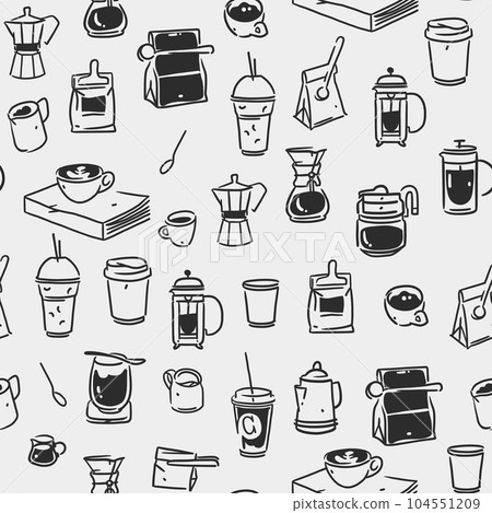 Hand drawn doodle coffee tools seamless pattern.Trending vector doodle illustrations for coffee shop and restaurant menu.Hand drawn coffee shop design concept and coffee break icons.Menu line art. 104551209