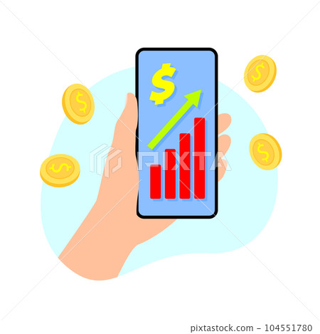 Hand holding smart phone with analyzing graph. Hand holding smart phone with analyzing graph. 104551780