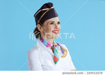smiling elegant female air hostess on blue smiling elegant female air hostess on blue 104552079
