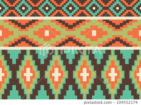 abstract ethic pattern background, orange, green and brown colors, fabric seamless template for website, wallpaper, poster. 104552174
