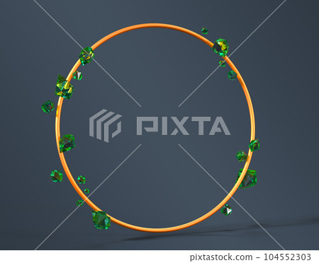 Gold round frame with precious emerald stones isolated on dark background. Abstract geometry composition with metal circle ring, green crystal gems and empty space for display product. 3D illustration 104552303