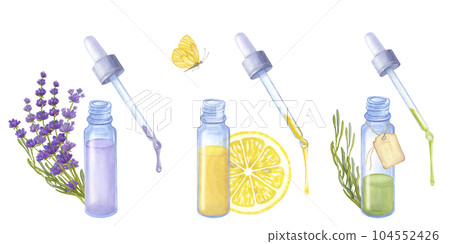 Banner essential oil lavender rosemary lemon. Bouquet flower herb, glass bottle pipette, tag, butterfly. Hand draw watercolor illustration isolated on white background. For beauty industry, spa, logo Banner essential oil lavender rosemary lemon. Bouquet flower herb, glass bottle pipette, tag, butterfly. Hand draw watercolor illustration isolated on white background. For beauty industry, spa, logo 104552426