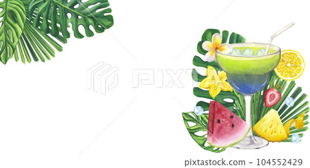 Banner green blue cocktail glass fresh juice alcoholic drinks. Lemon, ice, mint. Tropical leaves Monstera. Hand drawn watercolor illustration isolated on white background. For bar restaurant menu Banner green blue cocktail glass fresh juice alcoholic drinks. Lemon, ice, mint. Tropical leaves Monstera. Hand drawn watercolor illustration isolated on white background. For bar restaurant menu 104552429