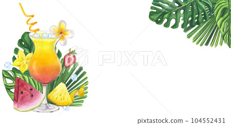 Banner cocktail Sex on the beach, Tequila Sunrise. Tropical leaves. Cherry, pineapple. Hand drawn watercolor illustration isolated on white background. Design element for bar restaurant menu 104552431