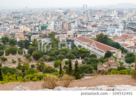 Stoa of Attalos and Athens city from hill, Greece 104552491