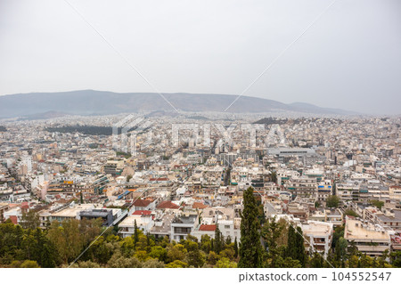 Athens city center streets on foggy day, Greece 104552547