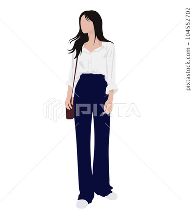 Beautiful and cute girl in stylish and fashionable clothes on a white background. Vector illustration in a flat style. Beautiful and cute girl in stylish and fashionable clothes on a white background. Vector illustration in a flat style. 104552702
