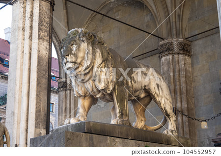 The statues of lions in front of the Field Marshall's Hall in Munich, Germany 104552957