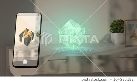 Gift box hologram stand on table phone display augmented reality Gift box hologram stand on table phone display augmented reality 104553192