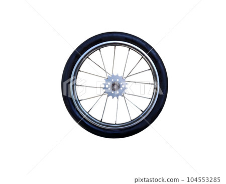 Black bicycle wheel isolated on white background 104553285