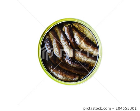 Canned fish with sprats in oil on a white background Canned fish with sprats in oil on a white background 104553301