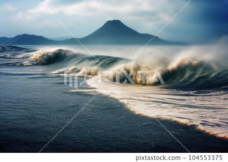 A swirling big wave with foam during the wind against the backdrop of mountains. AI-generated 104553375