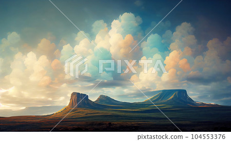 Abstract drawing of Mount Roraima against the backdrop of beautiful clouds. AI-generated 104553376