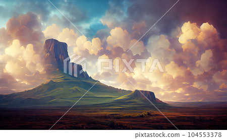 Drawing style Mount Roraima on the background of beautiful clouds. AI-generated 104553378