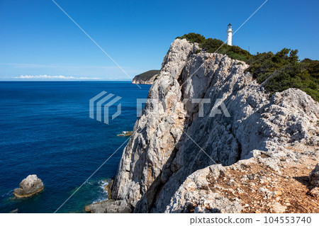 Lefkada island sea coast lighthouse on rocky cliff Lefkada island sea coast lighthouse on rocky cliff 104553740