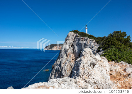 Lefkada island sea coast lighthouse on rocky cliff Lefkada island sea coast lighthouse on rocky cliff 104553746