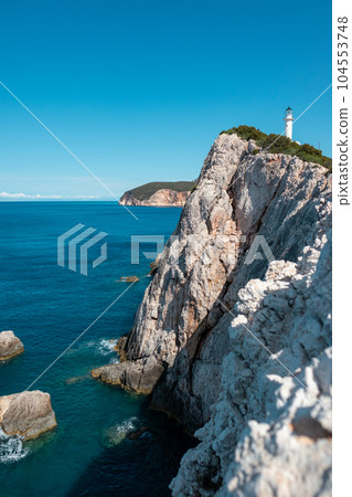Lefkada island sea coast lighthouse on rocky cliff Lefkada island sea coast lighthouse on rocky cliff 104553748