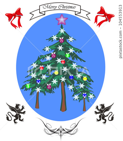 Christmas festive fir tree on a blue background, decorated with patterns 104553913