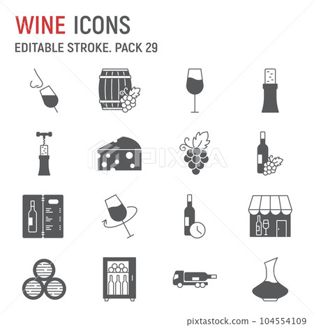 Wine glyph icon set, alcohol collection, vector graphics, logo illustrations, alcohol drink vector icons, winery signs, solid pictograms, editable stroke 104554109