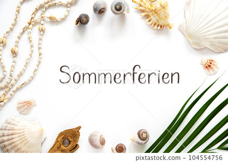 Summer Flat Lay White, Shells and Plants, Summer Background, Text Sommerferien 104554756