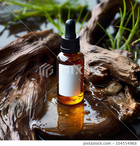 Dropper bottle styled mockup, cosmetic serum oil container template on botanical background with wood and plants, beauty product design-ready packaging 104554968