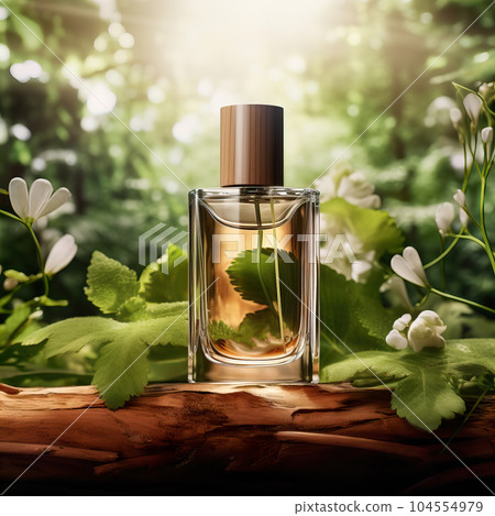 Glass perfume bottle mockup on natural green outdoors botanical background with plants, flowers and wooden elements, beauty product container commercial branding ready template 104554979