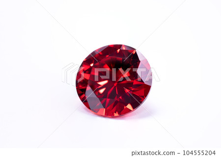 Red Ruby gemstone Round Cut isolate on white background, close up shot Red Ruby gemstone Round Cut isolate on white background, close up shot 104555204