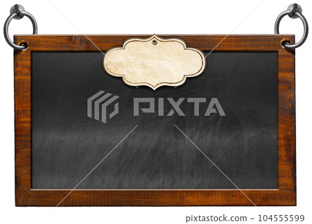 Blank Blackboard with Rectangular Wooden Frame and Empty Label 104555599