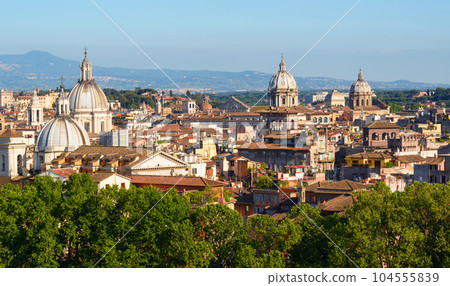 Rome skyline, Italy, Europe. Scenic view of Rome buildings on mountains background 104555839