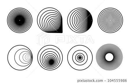 Spirograph patterns circle set. Vector geometric abstract forms isolated on white. Round and spiral twisted lines. Curved shapes can be used as watermarks and logos. Circular ornament of spirograph. 104555986