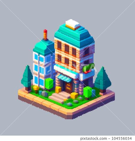 Three-dimensional projection pixel 8-bit art view of the city 104556034