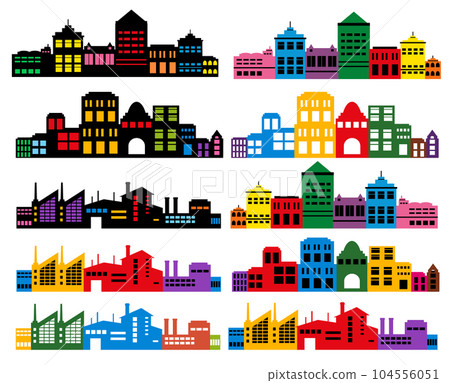 Landscape set of buildings silhouetted on white background. 104556051
