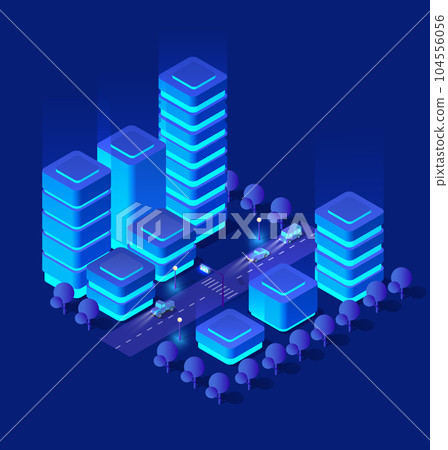 City future smart urban Isometric night lights architecture 3D illustration 104556056
