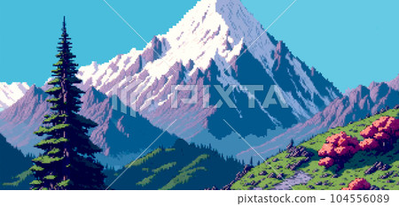 Landscape 8bit pixel art. Summer natural landscape mountain scenery arcade game background 104556089