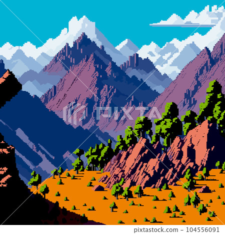 Landscape 8bit pixel art. Summer natural landscape mountain scenery arcade game background 104556091