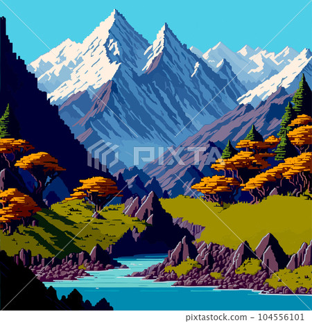 Landscape 8bit pixel art. Summer natural landscape mountain scenery arcade game background 104556101
