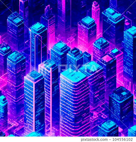 Three-dimensional projection pixel 8-bit art view of the city. 3D Illustration Three-dimensional projection pixel 8-bit art view of the city. 3D Illustration 104556102