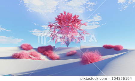 3d render Surreal dune landscape background with alone tree, abstract fantastic desert dune in seasoning landscape environment, panoramic, futuristic scene with copy space, blue sky and cloudy 104556194