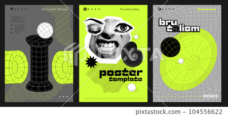 Set of a4 posters in brutalism style. Futuristic minimalistic retro vertical banners with strange wireframes graphic assets of brutalism geometrical shapes and halftone elements. Vector illustration. Set of a4 posters in brutalism style. Futuristic minimalistic retro vertical banners with strange wireframes graphic assets of brutalism geometrical shapes and halftone elements. Vector illustration. 104556622