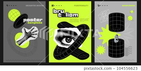 Set of a4 posters in brutalism style. Strange extraordinary graphic collages with wireframes of geometrical shapes and halftone elements, Anti-design minimalistic hipster digital collage, vector eps10 104556623