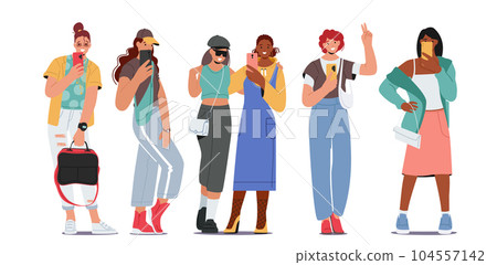 Young Women Capturing A Selfie. Female Characters Embracing Youthfulness And Expressing Themselves Through The Lens 104557142