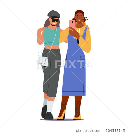Women Couple Capturing Selfie, Radiating Joy. Character's Genuine Smiles And Shared Moment Encapsulate Their Connection Women Couple Capturing Selfie, Radiating Joy. Character's Genuine Smiles And Shared Moment Encapsulate Their Connection 104557145
