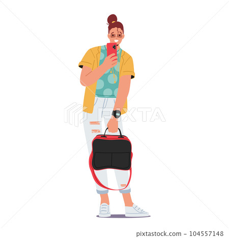 Young Woman Captures A Moment Of Herself Through A Selfie, Embracing The Modern Trend Of Self-expression Young Woman Captures A Moment Of Herself Through A Selfie, Embracing The Modern Trend Of Self-expression 104557148
