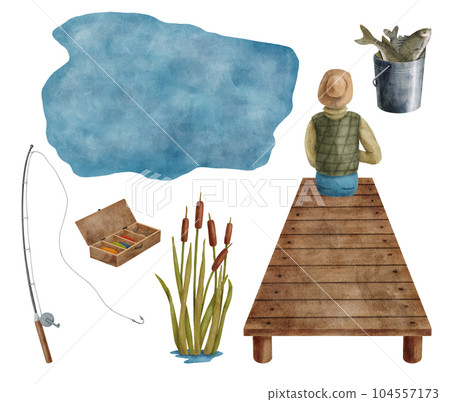 Watercolor fishing set. Hand drawn fisherman on wood pier, blue water background, fishing rod, reed, bucket with fish isolated on white. Catching fish hobby elements for cards, design, advertising 104557173