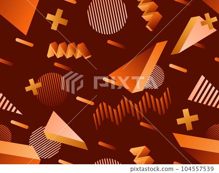 3D geometric seamless pattern in 80s style. 3d isometric shapes with gradient colors. Geometric memphis style. Design for promotional products, wrapping paper and printing. Vector illustration 104557539
